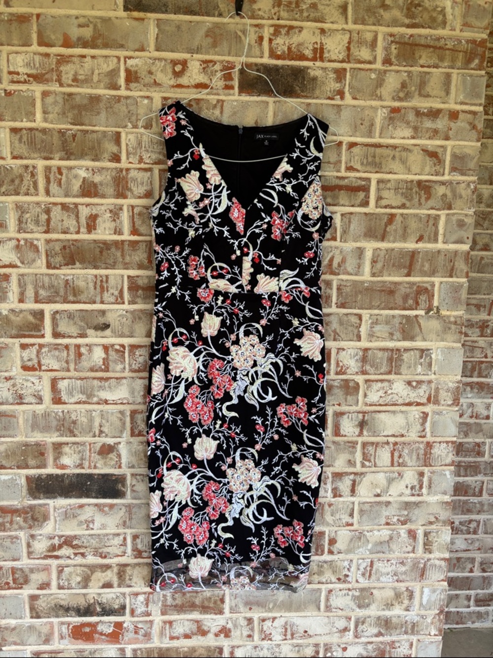JAX Black Midi Dress with Pink, Reddish Orange, and Cream Floral Embroidery